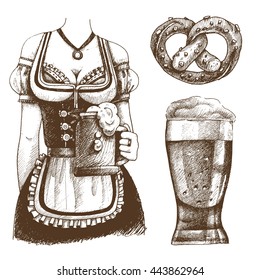 Set of vector hand-drawn elements for Oktoberfest. Girl in a traditional Bavarian dress with a beer, a glass of beer and pretzels.