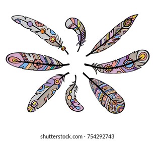 Set of Vector hand-drawn feathers, sketch, outline, illustration. For your web design on white background.