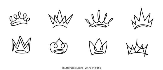 Set of vector hand-drawn graffiti crown icons for a young prince or princess. Vector illustration in doodle style for a queen or king. Sketch ink brush doodle crowns on a white background.
