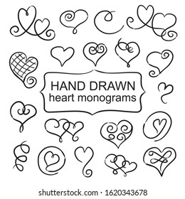 Set of vector handdrawn heart monograms. Decor elements for wedding invitations, cards for Valentine's Day. Black and white monograms of hearts. Doodle style