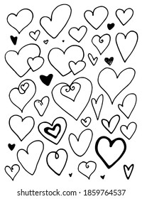 Set of vector hand-drawn hearts. different shapes of black contour hearts isolated on a white background. Vector illustration for your graphic design