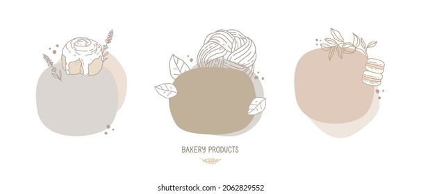 Set of vector hand-drawn illustrations. Abstract shapes in pastel color,  linear drawing. Space for text, template, frame. Bakery products, pastries, cake. Babka, cinnamon bun with frosting, macarons
