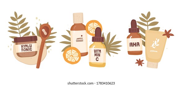 Conjunto de ilustraciones de vector dibujadas a mano. Cosméticos, hojas tropicales. Etiquetas, hialurón, aha, vitamina C. Ingredientes activos en cosméticos, ácidos, tratamiento. Consultor de belleza, revisión de productos