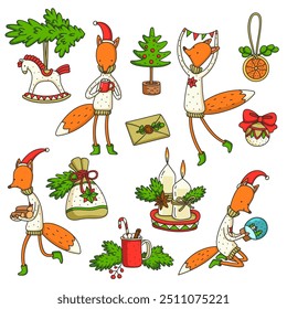 Set of vector hand-drawn illustrations with funny character and Christmas decorations. Stickers for New Year design.