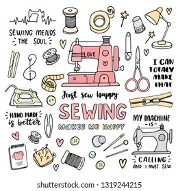 set of vector hand-drawn illustrations on the topic of sewing a hobby with lots of tools and motivational inscriptions in color pink yellow and green