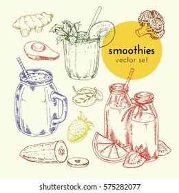 Set of vector hand-drawn illustrations and smoothie in glass jars and ingredients. Sketches of detox, diet, vegetarianism, vegans. Organic, useful for health food.