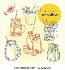 Set of vector hand-drawn illustrations and smoothie in glass jars and ingredients. Sketches of detox, diet, vegetarianism, vegans. Organic, useful for health food.