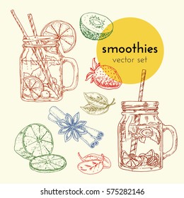 Set of vector hand-drawn illustrations and smoothie in glass jars and ingredients. Sketches of detox, diet, vegetarianism, vegans. Organic, useful for health food.