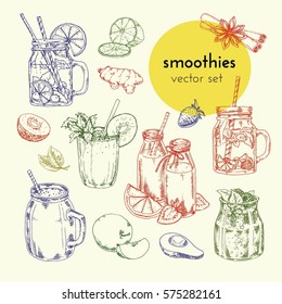 Conjunto de ilustraciones de Vector dibujadas a mano y batido en tarros de vidrio e ingredientes. Bocetos de desintoxicación, dieta, vegetarianismo, veganos. Orgánico, útil para la alimentación saludable.