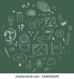 Set of vector hand-drawn items on a green board filled in a round shape. Back to school in a doodle style.