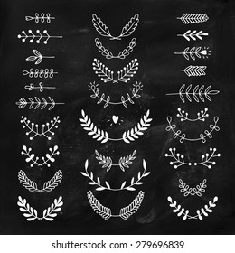 Set of vector handdrawn laurels, wreath,  nature, floral doodle collection on chalkboard. Decoration elements for design invitation, wedding cards, valentines day, greeting cards