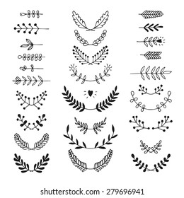 Set of vector handdrawn laurels, wreath,  nature, floral doodle collection. Decoration elements for design invitation, wedding cards, valentines day, greeting cards