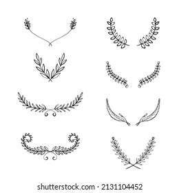 Set of vector handdrawn laurels and wreaths, nature, floral doodle collection. Decoration elements for design invitation, wedding cards, valentines day, greeting cards