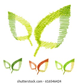 Set of vector hand-drawn leaves, nature eco concept, hatch sketch doodles style