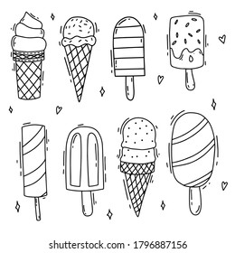 Set of vector hand-drawn line ice cream illustrations. Doodle black cold desserts on white background. Set of modern decorations.