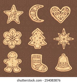 Set of the vector hand-drawn objects "Christmas cookies". 