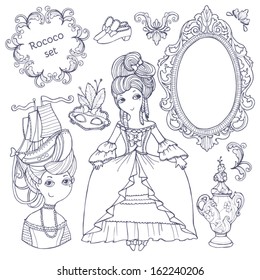 Set of vector hand-drawn rococo elements.