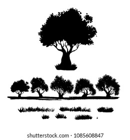 Set of vector hand-drawn silhouette illustration of trees and grass