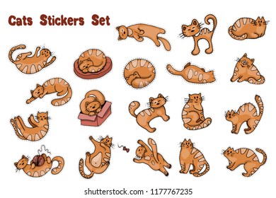 Set of vector hand-drawn stickers with funny red cats, for children, for personal diary, diary, print, vector illustration