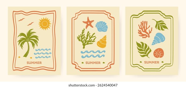 A set of vector hand-drawn summer or beach-themed posters and cards. Abstract modern designs featuring palm trees, the sun, seashells, a crab, coral, and ocean waves, a retro travel-inspired graphics.