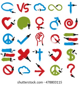 Set of vector hand-drawn symbols created with painting brush, different graphic elements isolated. Colorful icons made on religion, love, communication and business themes.