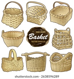 Set of vector hand-drawn wicker baskets in rustic style. Includes various shapes and weaving patterns. Perfect for crafts, packaging, farm markets, and seasonal design projects. 