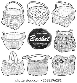 Set of vector hand-drawn wicker baskets in rustic style. Includes various shapes and weaving patterns. Perfect for crafts, packaging, farm markets, and seasonal design projects. 