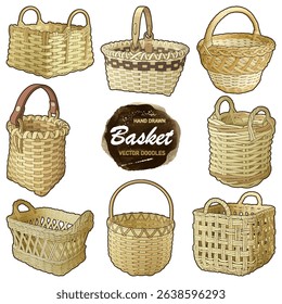 Set of vector hand-drawn wicker baskets in rustic style. Includes various shapes and weaving patterns. Perfect for crafts, packaging, farm markets, and seasonal design projects. 
