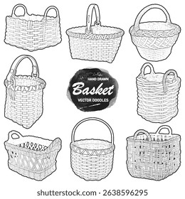 Set of vector hand-drawn wicker baskets in rustic style. Includes various shapes and weaving patterns. Perfect for crafts, packaging, farm markets, and seasonal design projects. 