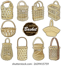 Set of vector hand-drawn wicker baskets in rustic style. Includes various shapes and weaving patterns. Perfect for crafts, packaging, farm markets, and seasonal design projects. 