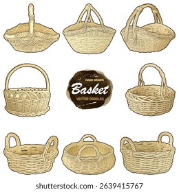 Set of vector hand-drawn wicker baskets in rustic style. Includes various shapes and weaving patterns. Perfect for crafts, packaging, farm markets, and seasonal design projects. 