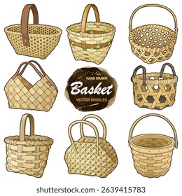 Set of vector hand-drawn wicker baskets in rustic style. Includes various shapes and weaving patterns. Perfect for crafts, packaging, farm markets, and seasonal design projects. 