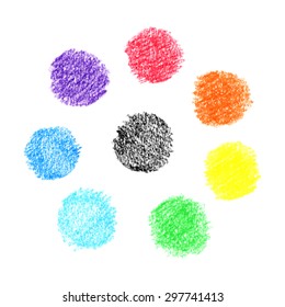 Set of vector handmade crayon striped circles. Grunge design elements in rainbow colors.