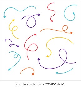 Conjunto de insolaciones curvadas hechas a mano por vectores. Flechas multicolores sobre un fondo blanco. Doodle. 