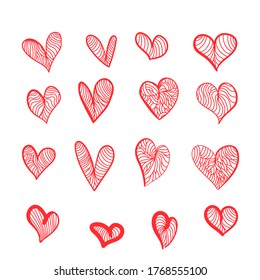 Set of vector handmade hearts with vintage pattern on a white isolated background, flat. Romantic background, symbol, wrapping, gifts, holiday, greeting card, decoration.