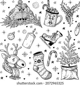 Set of vector handmade inkline Christmas elements.