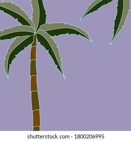 Vektor festlegen: handgefertigte, große Palme auf lila Hintergrund. Set, Collage, Postkarte.