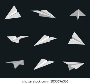 Set of vector handmade paper planes isolated on black background. Origami illustration.
