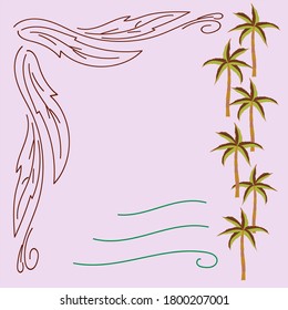 Establecer vector: hecho a mano, fila de palmas sobre fondo rosa en el patrón de esquina. Ajuste, collage, postal.