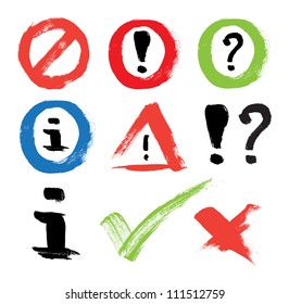 Set of vector hand-painted icons - error, forbidden, exclamation, question mark, information sign, ok, cancel