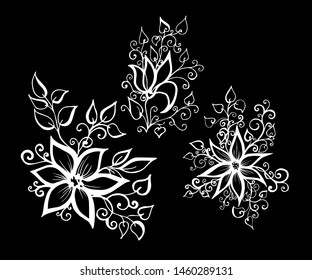 Set of vector hand-painted vintage flowers with curls. 