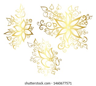 Set of vector hand-painted vintage flowers with curls. 