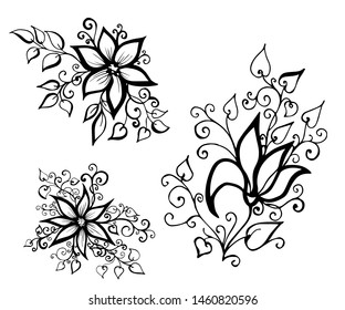 Set of vector hand-painted vintage flowers with curls. 