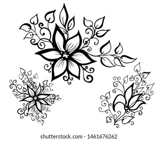 Set of vector hand-painted vintage flowers with curls. 