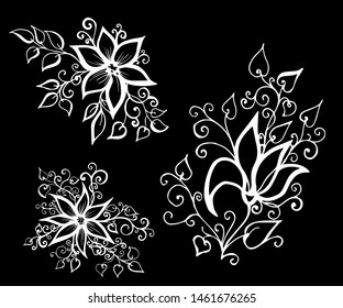 Set of vector hand-painted vintage flowers with curls. 