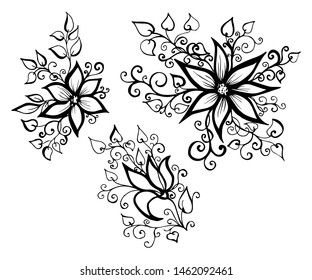 Set of vector hand-painted vintage flowers with curls. 