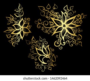 Set of vector hand-painted vintage flowers with curls. 