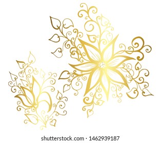 Set of vector hand-painted vintage flowers with curls. 