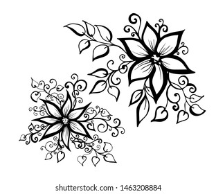 Set of vector hand-painted vintage flowers with curls. 