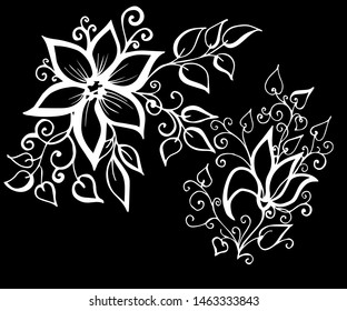 Set of vector hand-painted vintage flowers with curls. 